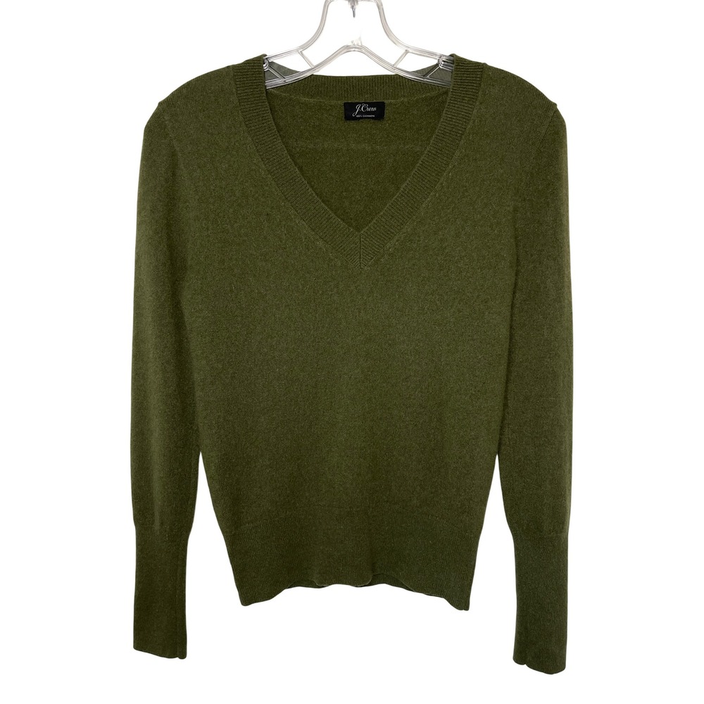 J.Crew Womens XS Olive Green 100% Cashmere V-Neck Sweater Cozy Luxury Preppy